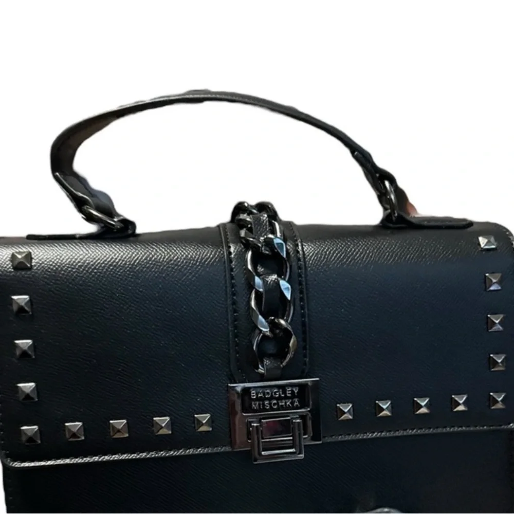 Badgley Mischka Black Dark Metal Studded Satchel Purse